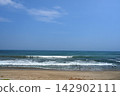 Blue sky and waves crashing on the shore 142902111