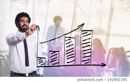 Middle Eastern businessman drawing growth chart during corporate meeting in modern open space Middle Eastern businessman drawing growth chart during corporate meeting in modern open space 142902195