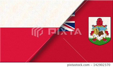 Double flag of Poland and Bermuda on fabric texture - 3D illustration 142902370