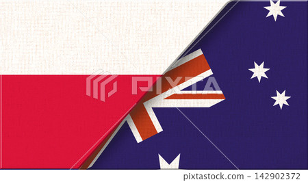 Double flag of Poland and Australia on fabric texture - 3D illustration 142902372