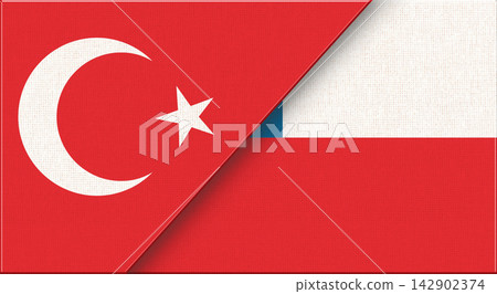Double flag of Turkey and Chile on fabric texture - 3D illustration 142902374