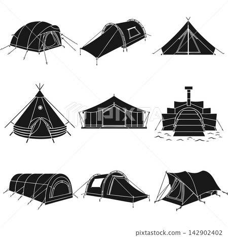 This image presents a collection of nine different black-and-white icons and silhouettes depicting various types of tents 142902402