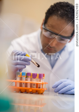 Doctor and lab technician examining blood samples in a clinical testing laboratory Doctor and lab technician examining blood samples in a clinical testing laboratory 142902469