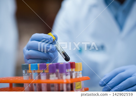 Middle Eastern medical team handling blood samples in a clinical testing lab with gloved technician Middle Eastern medical team handling blood samples in a clinical testing lab with gloved technician 142902559