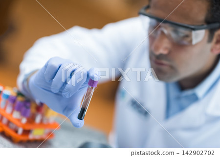 Young Middle Eastern medical technician examining a blood sample vial in a clinical laboratory with protective gloves Young Middle Eastern medical technician examining a blood sample vial in a clinical laboratory with protective gloves 142902702