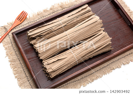 bundles of Dried Buckwheat Flat Noodles Raw Soba bundles of Dried Buckwheat Flat Noodles Raw Soba 142903492