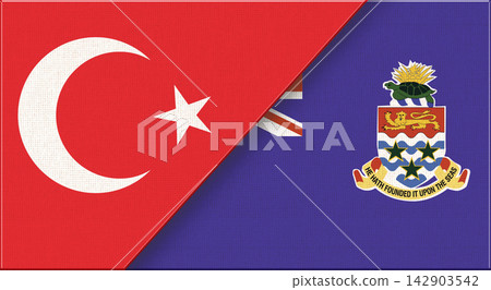 Double flag of Turkey and Cayman Islands on fabric texture - 3D illustration Double flag of Turkey and Cayman Islands on fabric texture - 3D illustration 142903542