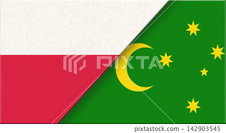 Double flag of Poland and Cocos Islands on fabric texture - 3D illustration Double flag of Poland and Cocos Islands on fabric texture - 3D illustration 142903545