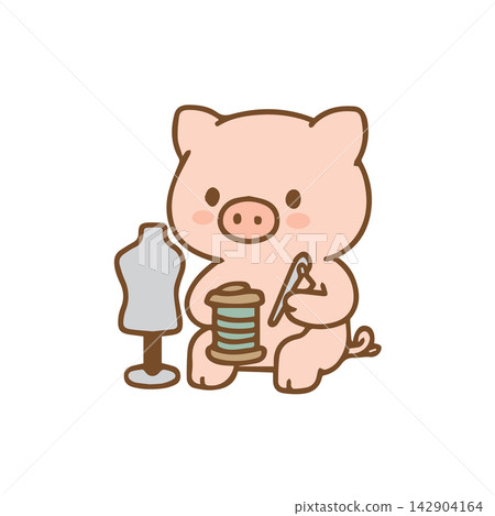 A cute pig as a tailor Cartoon Illustration 142904164
