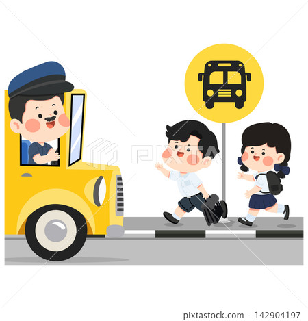 School bus driver greeting students at stop for education transport safety School bus driver greeting students at stop for education transport safety 142904197