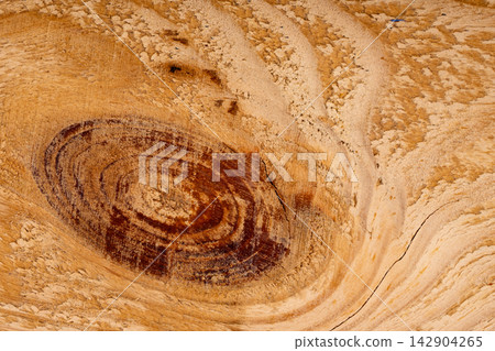 Texture of light wood with a large oval dark knot and embossed fibers close-up view. Texture of light wood with a large oval dark knot and embossed fibers close-up view. 142904265