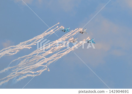 Russian Air Force Sukhoi Su-27 Flanker releases flares. Russian Air Force Sukhoi Su-27 Flanker releases flares. 142904691