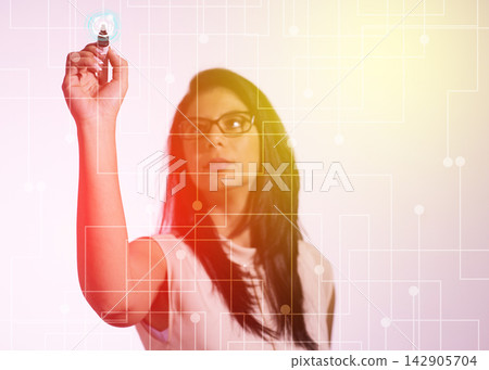 Middle Eastern businesswoman writing on virtual touchscreen in modern corporate meeting space with technology overlay Middle Eastern businesswoman writing on virtual touchscreen in modern corporate meeting space with technology overlay 142905704