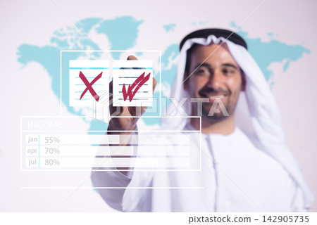 Middle Eastern businessman interacting with virtual interface in modern corporate meeting about income and growth Middle Eastern businessman interacting with virtual interface in modern corporate meeting about income and growth 142905735