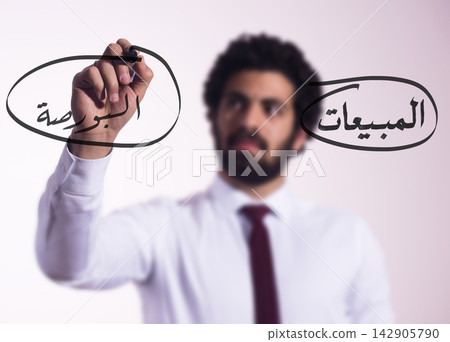 Businessman writing Arabic sales and stock market notes on glass board to illustrate strategy and investment planning Businessman writing Arabic sales and stock market notes on glass board to illustrate strategy and investment planning 142905790