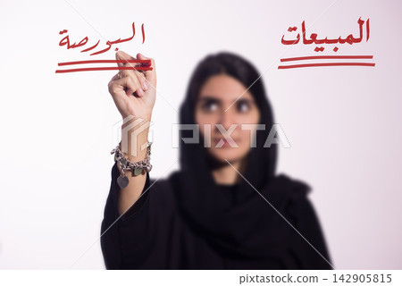 Businesswoman writing 'sales' and 'stock market' in Arabic on clear board to illustrate finance and sales strategy Businesswoman writing 'sales' and 'stock market' in Arabic on clear board to illustrate finance and sales strategy 142905815