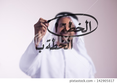 Arab man in traditional dress writing Arabic script on glass during presentation or planning session Arab man in traditional dress writing Arabic script on glass during presentation or planning session 142905817