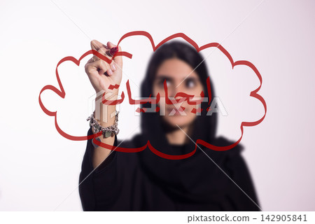 Woman in hijab writing Arabic word for positivity inside a drawn cloud with red marker Woman in hijab writing Arabic word for positivity inside a drawn cloud with red marker 142905841