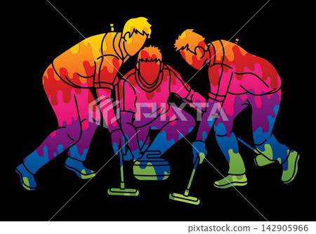 Curling Sport Team Group of Male Players Action Cartoon Graphic Vector 142905966