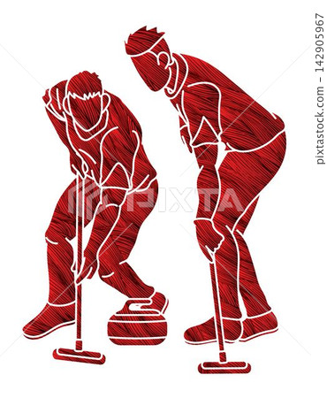 Curling Sport Team Group of Male Players Action Cartoon Graphic Vector 142905967