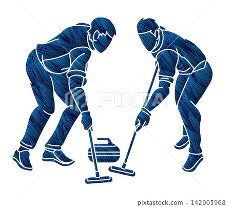 Curling Sport Team Group of Male Players Action Cartoon Graphic Vector 142905968