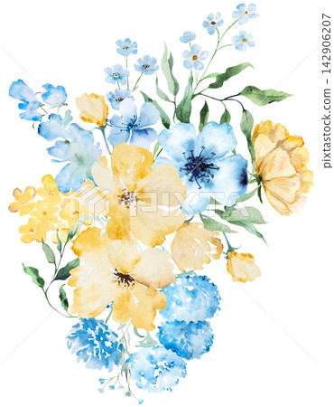 Bouquet with blue and yellow watercolor wildflowers and leaves, floral wedding illustration Bouquet with blue and yellow watercolor wildflowers and leaves, floral wedding illustration 142906207