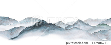 Watercolor illustration of panoramic view of the blue mountains, party design and winter wedding Watercolor illustration of panoramic view of the blue mountains, party design and winter wedding 142906210