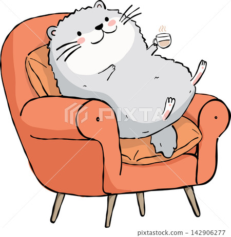 Cute gray hamster relaxes in an orange armchair while holding a warm cup of coffee latte. Playful illustration celebrates cozy home comfort and self care. Cute gray hamster relaxes in an orange armchair while holding a warm cup of coffee latte. Playful illustration celebrates cozy home comfort and self care. 142906277