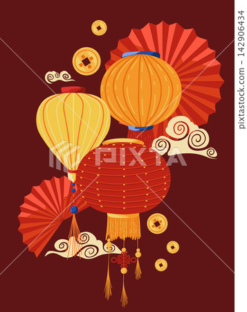 Chinese new year. Vector vertical background. Festive gift card, banner, poster template with hand drawn lanterns. Holiday illustration for web poster, flyers and brochures, greeting cards Chinese new year. Vector vertical background. Festive gift card, banner, poster template with hand drawn lanterns. Holiday illustration for web poster, flyers and brochures, greeting cards 142906434