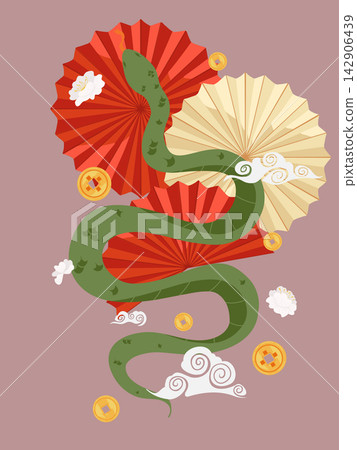 Chinese new year vector vertical background. Festive poster, placard template with hand drawn lanterns, green snake, lucky coins. Holiday illustration for web poster, flyers and brochures Chinese new year vector vertical background. Festive poster, placard template with hand drawn lanterns, green snake, lucky coins. Holiday illustration for web poster, flyers and brochures 142906439