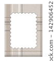 Plaid photo frame in beige tartan pattern, wavy scalloped border, cozy textile fabric mockup template 142906452