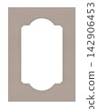 Label shaped photo frame in taupe color, decorative arched border, embossed paper texture mockup template 142906453