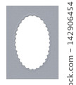 Oval photo frame in dusty blue color, scalloped border with embossed floral pattern, vintage mockup template 142906454