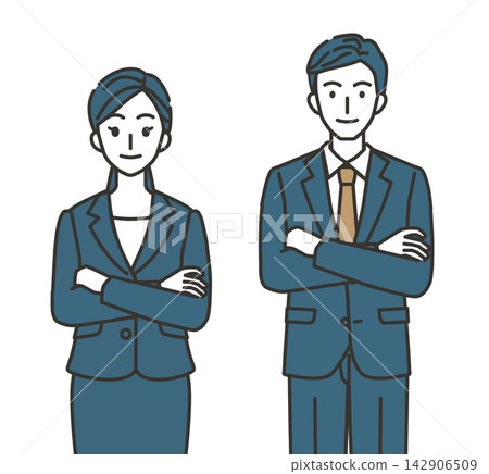 Business professionals, both male and female, standing with their arms crossed, exuding confidence. Business professionals, both male and female, standing with their arms crossed, exuding confidence. 142906509