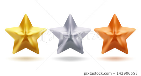 Vector icon of golden, silver and bronze stars in realistic 3D style. Achievements for games or customer rating feedback of website. Vector illustration of meatallic stars in realistic style. Vector icon of golden, silver and bronze stars in realistic 3D style. Achievements for games or customer rating feedback of website. Vector illustration of meatallic stars in realistic style. 142906555
