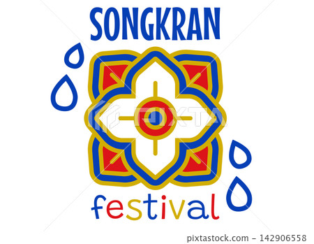 Vector flat logo for Songkran festival in Thailand with water drops and traditional Thai ornament. Songkran water festival logo. Vector flat logo for Songkran festival in Thailand with water drops and traditional Thai ornament. Songkran water festival logo. 142906558