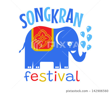 Vector logo for Songkran festival in Thailand with elephant and water drops. Songkran water festival logo. Vector logo for Songkran festival in Thailand with elephant and water drops. Songkran water festival logo. 142906560
