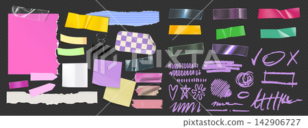 Realistic paper notes and memo sheets with tapes 142906727