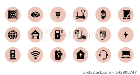 Electric car charging station icons, power symbols Electric car charging station icons, power symbols 142906747