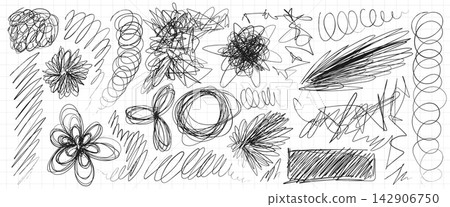 Doodle black pen scratches and handdrawn scribbles Doodle black pen scratches and handdrawn scribbles 142906750