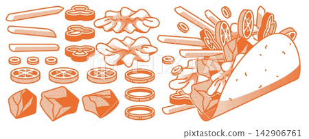 Halftone Mexican taco ingredients set on white Halftone Mexican taco ingredients set on white 142906761