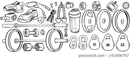 Sketch set of powerlifting gym equipment on white Sketch set of powerlifting gym equipment on white 142906767