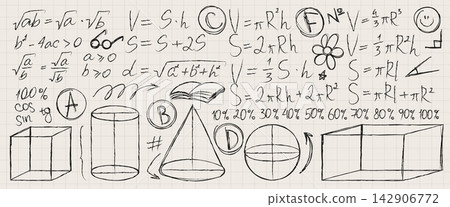 School notebook page with math doodle and formulas School notebook page with math doodle and formulas 142906772