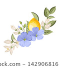 Lemon botanical composition with citrus fruits,blue linen flowers and green leaves. Hand drawn vector illustration isolated on white background. 142906816