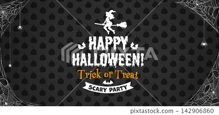 Happy Halloween holiday party banner with cobweb threads. Bold vector dripping typography with witch silhouette on broom, hanging spiders and corner spider webs on dark pumpkin pattern background Happy Halloween holiday party banner with cobweb threads. Bold vector dripping typography with witch silhouette on broom, hanging spiders and corner spider webs on dark pumpkin pattern background 142906860