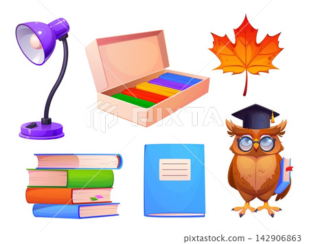 Cartoon school items and supplies icons, education characters set. Cartoon student books and notebook, desk lamp and plasticine stationery, autumn leaf and cute owl in graduation hat and glasses Cartoon school items and supplies icons, education characters set. Cartoon student books and notebook, desk lamp and plasticine stationery, autumn leaf and cute owl in graduation hat and glasses 142906863