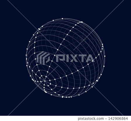 Futuristic 3D mesh grid globe with concentric coordinate rings, perspective grid lines and bright white node points. Wireframe network data sphere for big data visualization and science emblem Futuristic 3D mesh grid globe with concentric coordinate rings, perspective grid lines and bright white node points. Wireframe network data sphere for big data visualization and science emblem 142906864