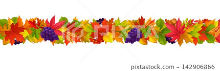 Thanksgiving border with autumn fall leaves, berries, wheat and acorns. Fall season divider with maple, oak and birch leaves for Thanksgiving banners, holiday cards and website design Thanksgiving border with autumn fall leaves, berries, wheat and acorns. Fall season divider with maple, oak and birch leaves for Thanksgiving banners, holiday cards and website design 142906866