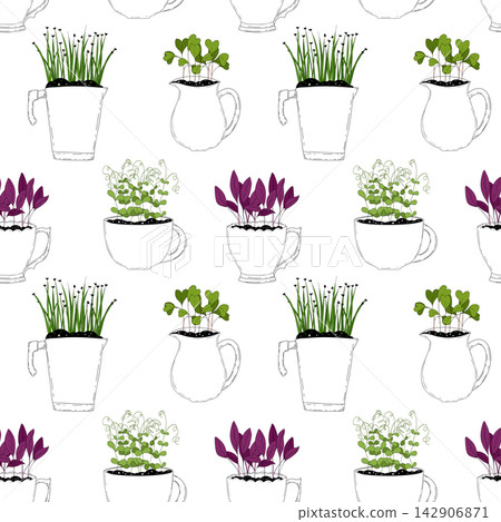 Micro green sprouts seamless pattern. Hand drawn home growing greens in sketch style cups, doodle vector illustration on white background. Decorative for wrapping and packaging, organic plants Micro green sprouts seamless pattern. Hand drawn home growing greens in sketch style cups, doodle vector illustration on white background. Decorative for wrapping and packaging, organic plants 142906871