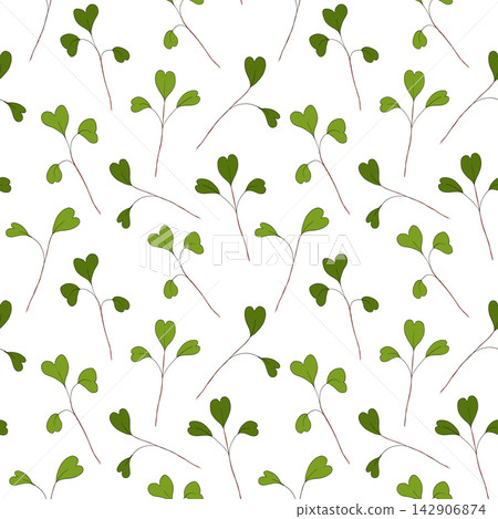 Micro green sprouts seamless pattern. Hand drawn radish leaves in doodle style, vector illustration on white background. Decorative for wrapping and packaging, organic plants Micro green sprouts seamless pattern. Hand drawn radish leaves in doodle style, vector illustration on white background. Decorative for wrapping and packaging, organic plants 142906874